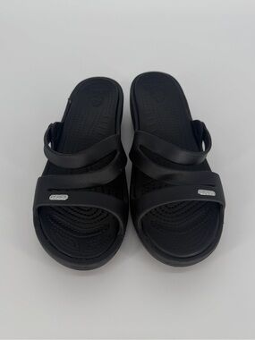 Crocs Patricia Wedge Sandals Womens 10 Black Strappy Slip On Comfort Slides Y2K